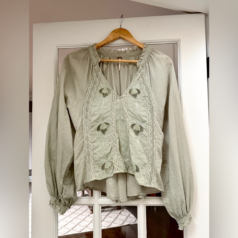 Free People lacy, light sage peasant Blouse